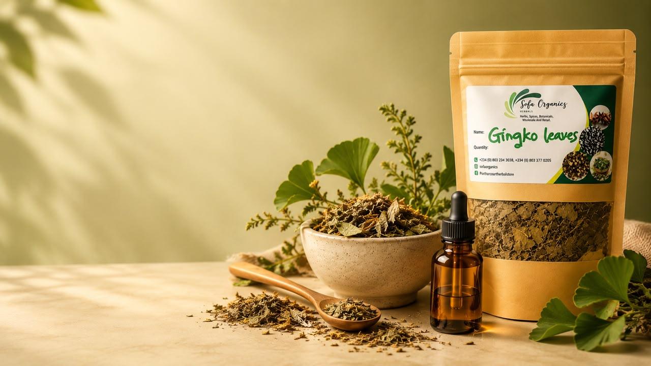 Mortar bowl of dried herbs, a dropper bottle, and a kraft pouch of Sofa Organics gingko leaves on a sunlit table